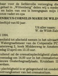 overlijdensbericht Henricus Cornelis Marie de Wildt