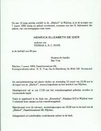 overlijdensbericht Henrica de Gier